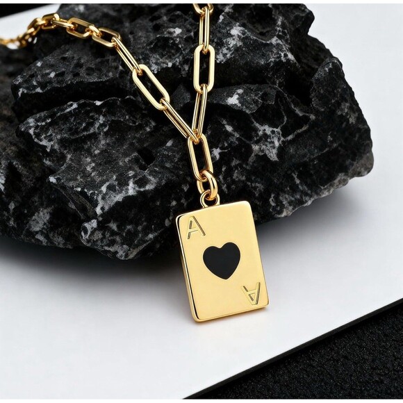 Black Ace of Hearts Necklace 2 Side Poker Pendant Gold Plate Cubic Zirconia Gift - Picture 3 of 6